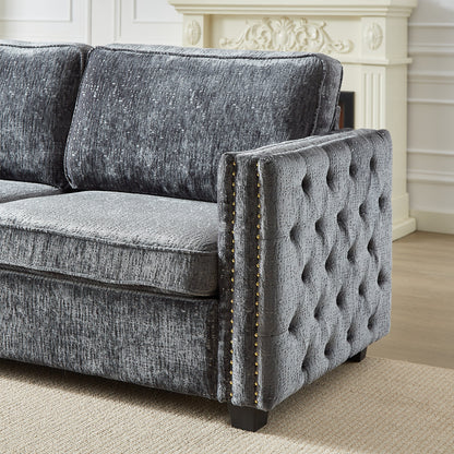 Canapé-lit 3 places gris 81 chenille cloutée avec matelas en mousse à mémoire de forme pour le salon