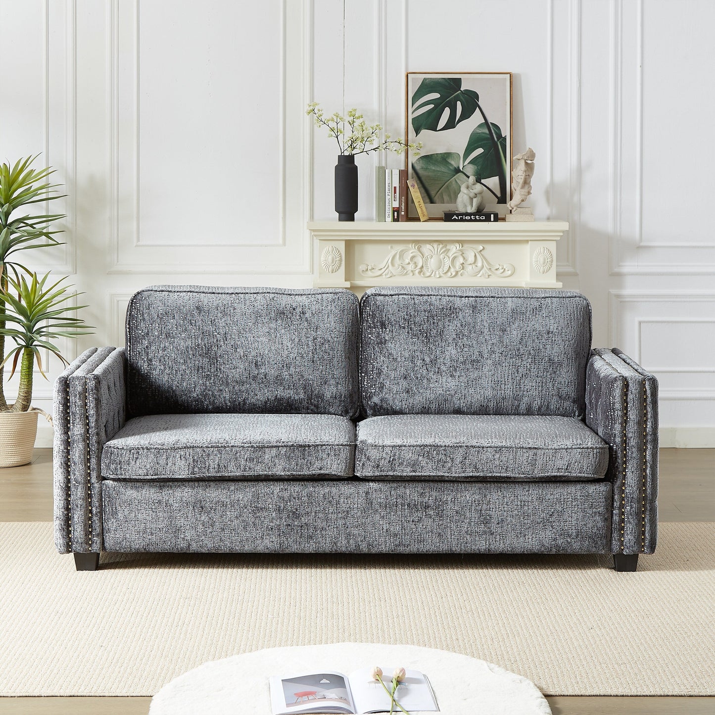 Canapé-lit 3 places gris 81 chenille cloutée avec matelas en mousse à mémoire de forme pour le salon