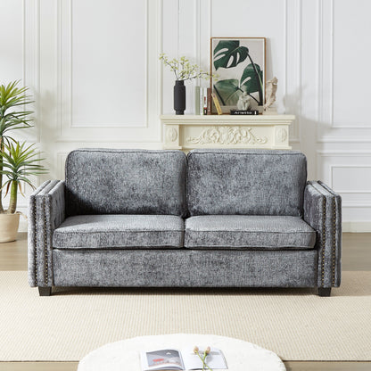 Canapé-lit 3 places gris 81 chenille cloutée avec matelas en mousse à mémoire de forme pour le salon