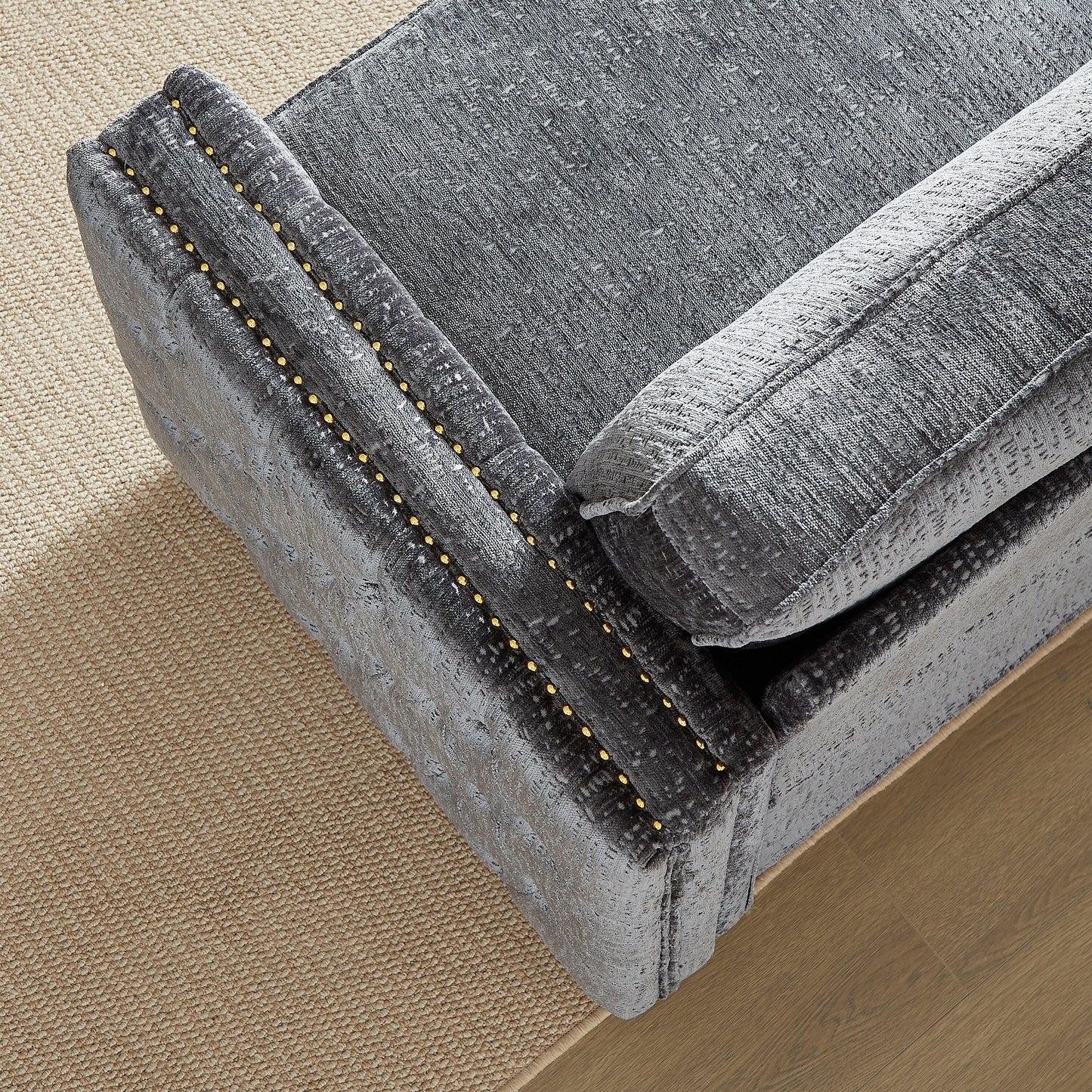 Canapé-lit 3 places gris 81 chenille cloutée avec matelas en mousse à mémoire de forme pour le salon