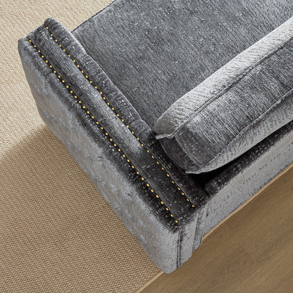 Canapé-lit 3 places gris 81 chenille cloutée avec matelas en mousse à mémoire de forme pour le salon