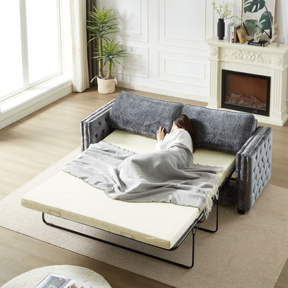 Canapé-lit 3 places gris 81 chenille cloutée avec matelas en mousse à mémoire de forme pour le salon