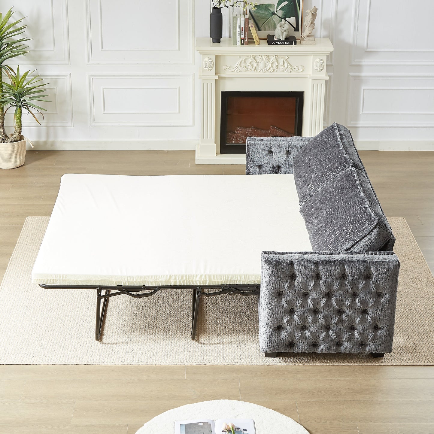 Canapé-lit 3 places gris 81 chenille cloutée avec matelas en mousse à mémoire de forme pour le salon