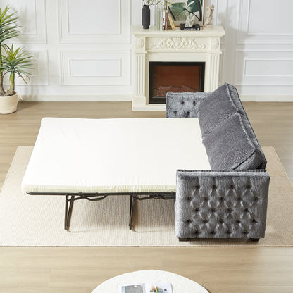 Canapé-lit 3 places gris 81 chenille cloutée avec matelas en mousse à mémoire de forme pour le salon