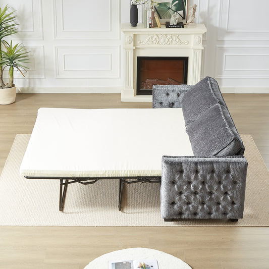 Canapé-lit 3 places gris 81 chenille cloutée avec matelas en mousse à mémoire de forme pour le salon