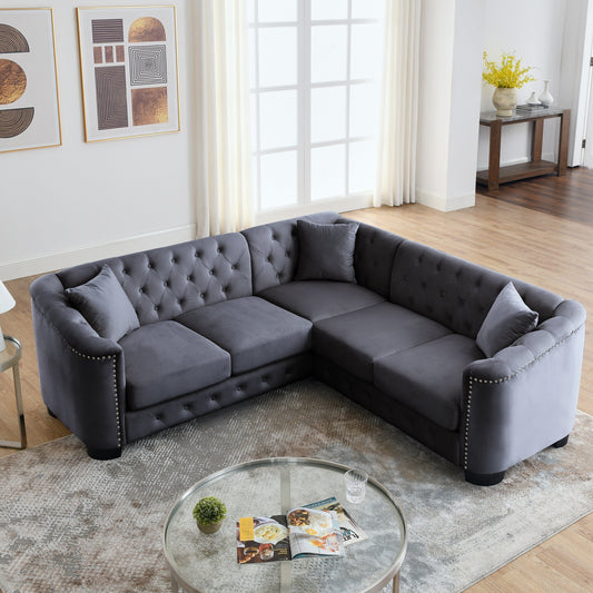 Canapé d'angle Chesterfield en velours gris 82'' avec garniture cloutée