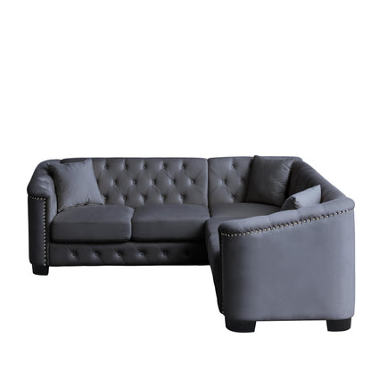 Canapé d'angle Chesterfield en velours gris de 82 po en forme de L avec 3 oreillers, coussins amovibles et garniture cloutée