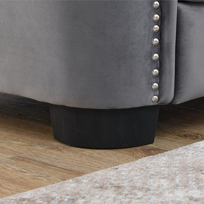 Canapé d'angle Chesterfield en velours gris de 82 po en forme de L avec 3 oreillers, coussins amovibles et garniture cloutée