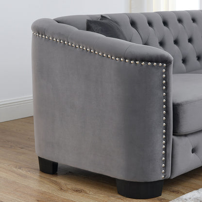 Canapé d'angle Chesterfield en velours gris 82'', 5 places, avec garniture cloutée, coussins amovibles et cadre en bois massif