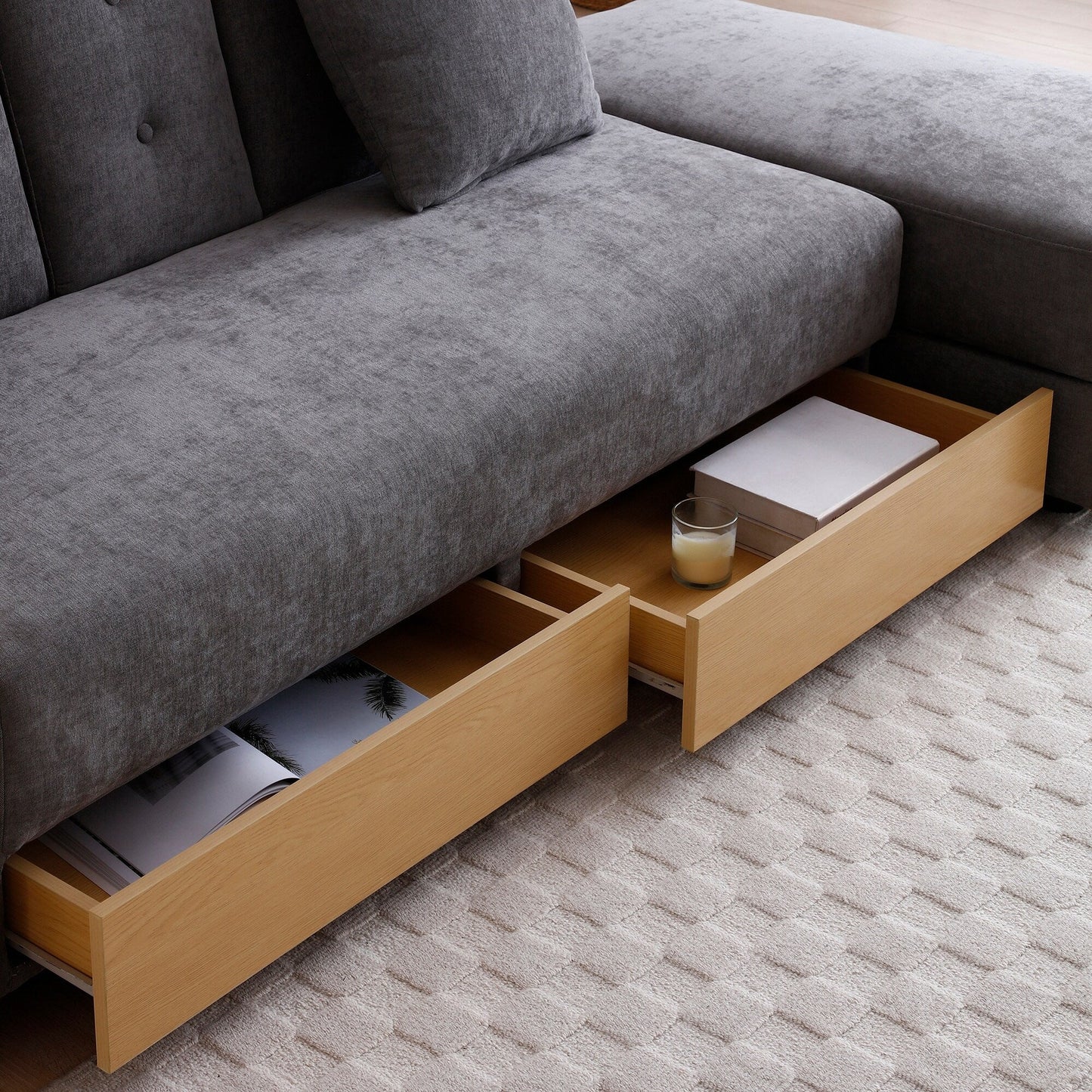 Canapé-lit convertible 3 places en coton et lin gris 84,65 € avec pouf de rangement, table rabattable et 2 tiroirs