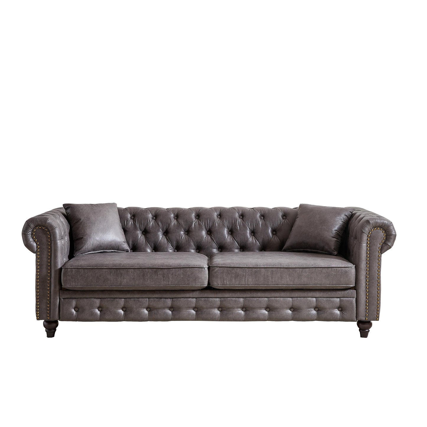 Canapé Chesterfield 3 places en tissu technique gris 85,5 avec accoudoirs roulés et 2 coussins pour le salon