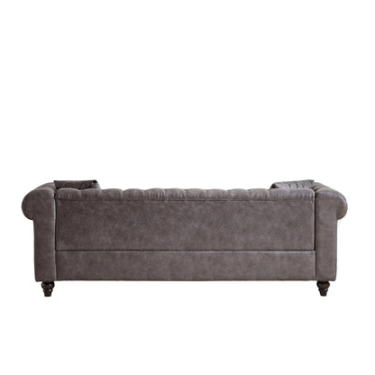 Canapé Chesterfield 3 places en tissu technique gris 85,5 avec accoudoirs roulés et 2 coussins pour le salon