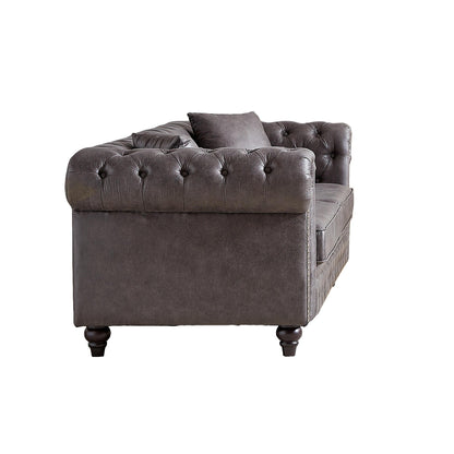 Canapé Chesterfield 3 places en tissu technique gris 85,5 avec accoudoirs roulés et 2 coussins pour le salon