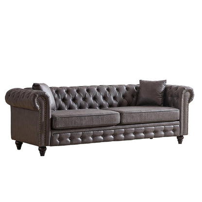 Canapé Chesterfield 3 places en tissu technique gris 85,5 avec accoudoirs roulés et 2 coussins pour le salon