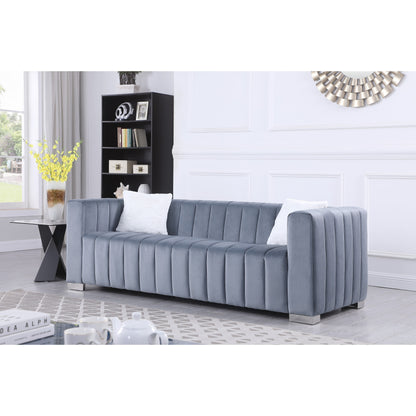 Canapé Chesterfield 3 places en velours gris moderne de 85,76 pouces avec capitonnage à canaux, 2 oreillers et coussins en mousse moelleux
