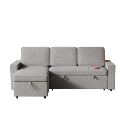Canapé-lit en L en tissu gris de 217 cm avec méridienne de rangement, port USB, lit gigogne et étagères de rangement
