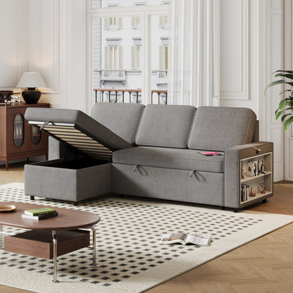 Canapé-lit en L en tissu gris de 217 cm avec méridienne de rangement, port USB, lit gigogne et étagères de rangement