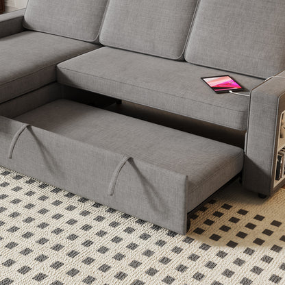 Canapé-lit en L en tissu gris de 217 cm avec méridienne de rangement, ports USB, lit gigogne et étagères de rangement