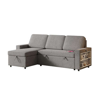 Canapé-lit en L en tissu gris de 217 cm avec méridienne de rangement, ports USB, lit gigogne et étagères de rangement