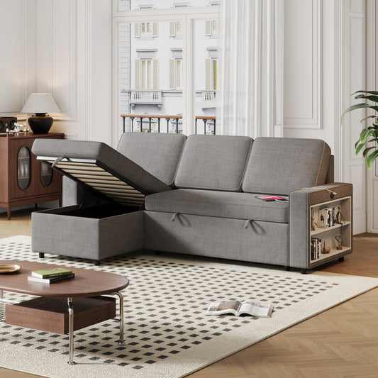 Canapé-lit en L en tissu gris de 217 cm avec méridienne de rangement, ports USB, lit gigogne et étagères de rangement