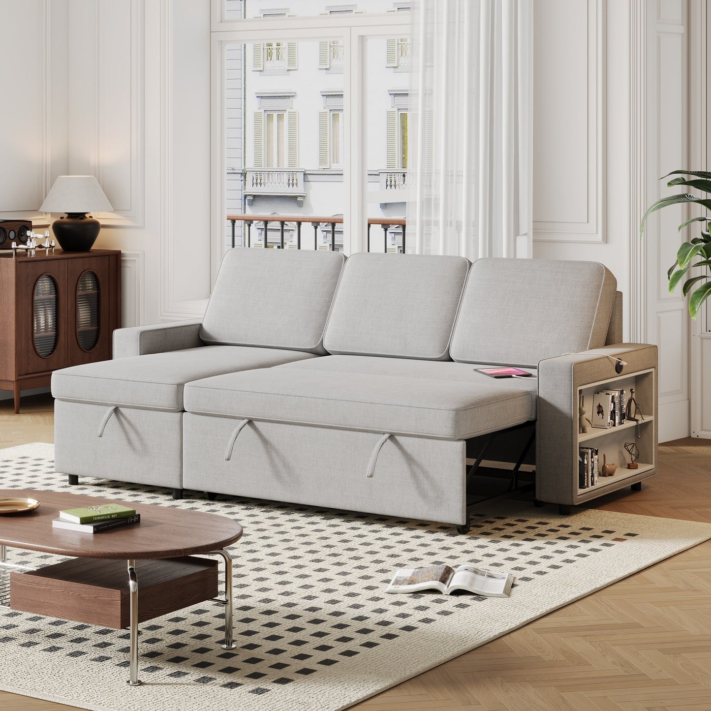 Canapé-lit 3 places en tissu gris de 217 cm (85,8 po) en forme de L avec lit gigogne, méridienne de rangement, port USB et étagères de rangement