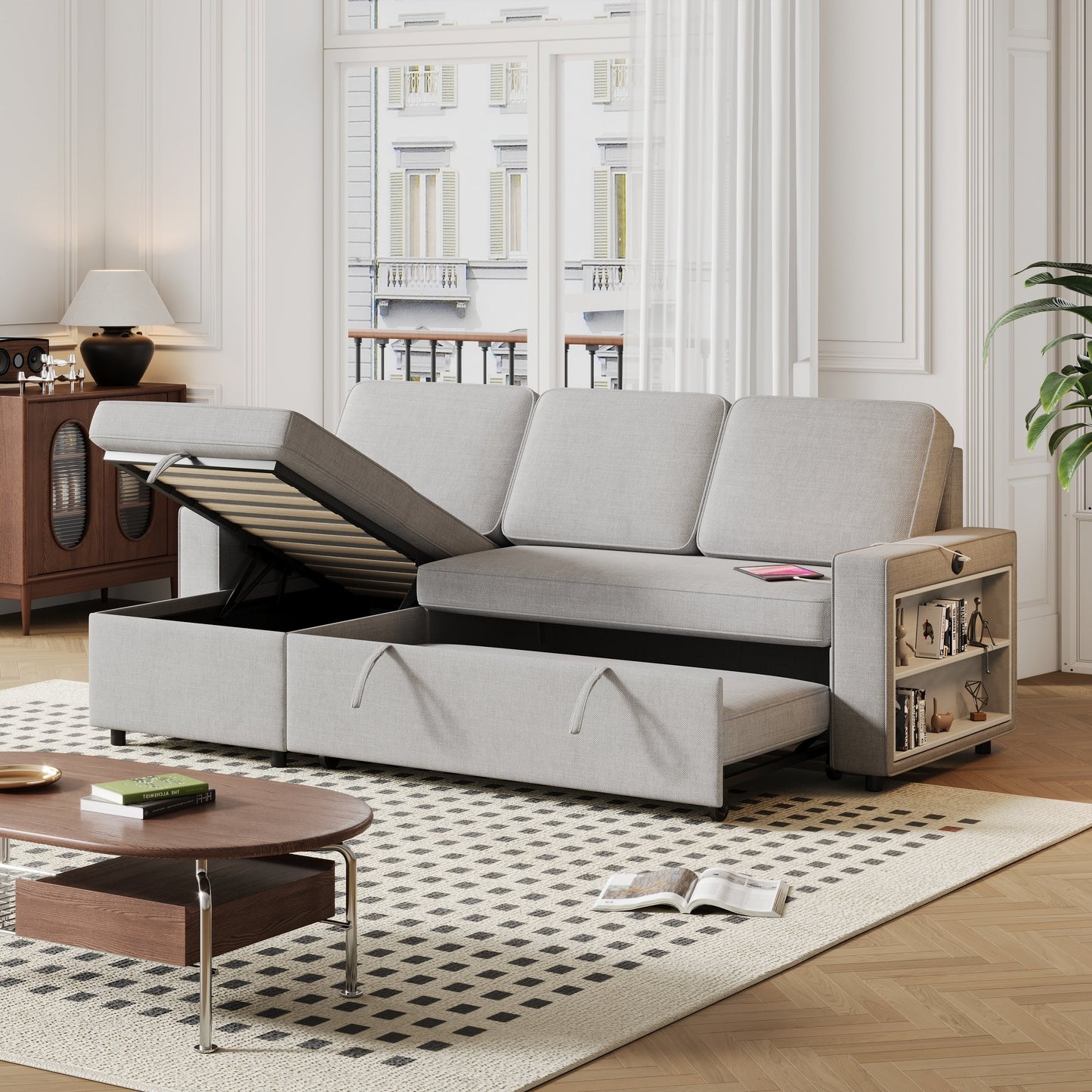 Canapé-lit en L gris de 85,8 po avec lit gigogne et rangement