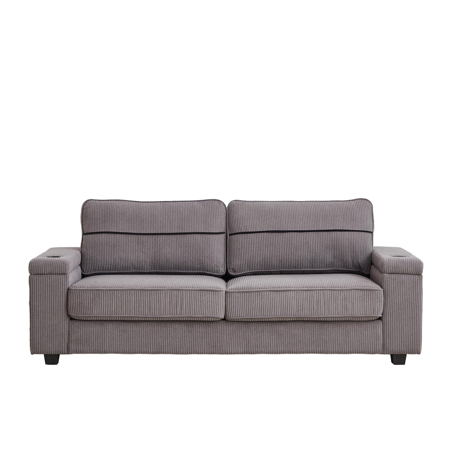 Canapé 3 places en velours côtelé gris 86,5 avec ports USB, dossier réversible, rangement d'accoudoir et porte-gobelets