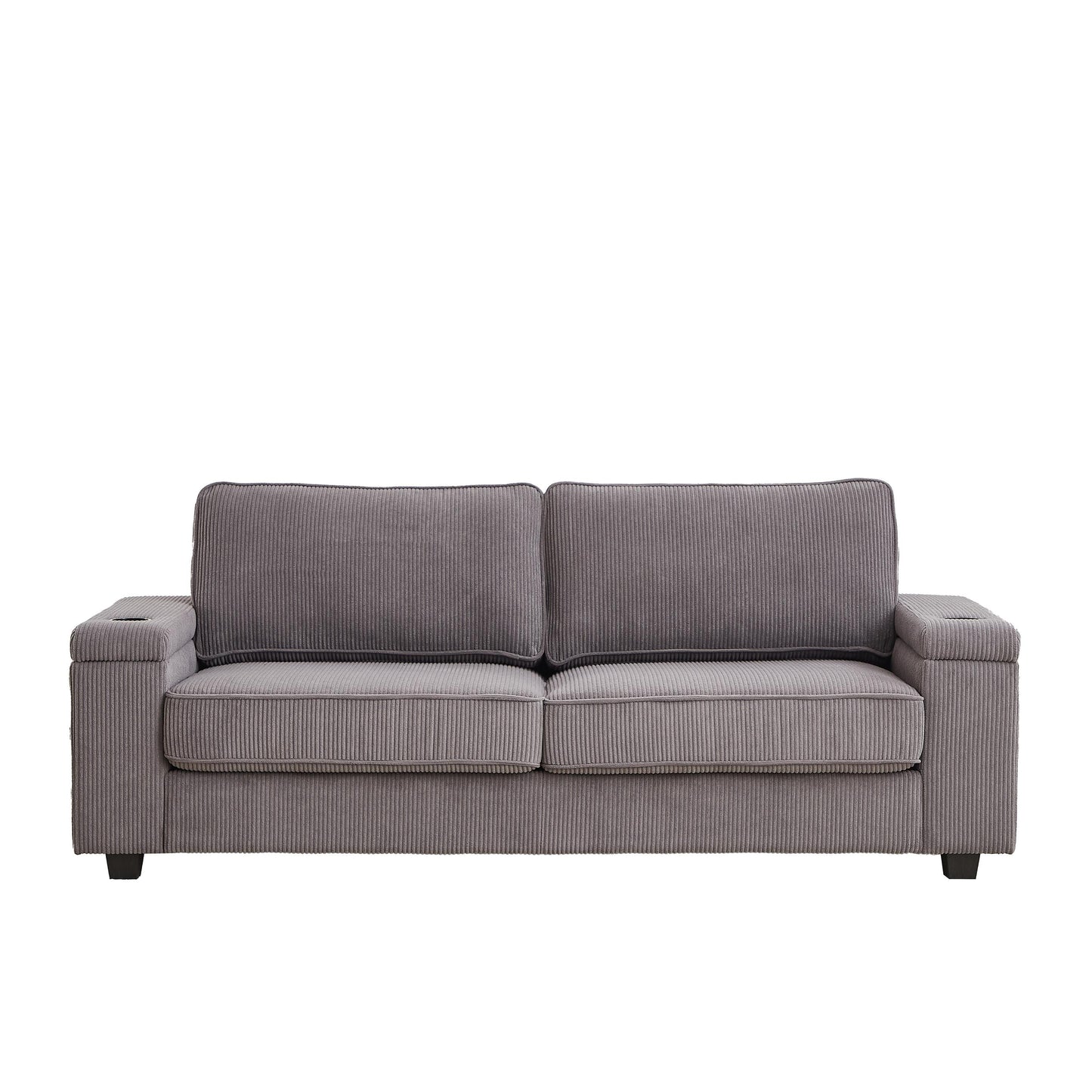 Canapé 3 places en velours côtelé gris 86,5 avec ports USB, dossier réversible, rangement d'accoudoir et porte-gobelets