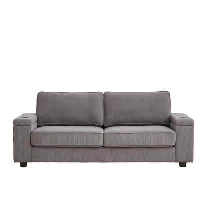 Canapé 3 places en velours côtelé gris 86,5 avec ports USB, dossier réversible, rangement d'accoudoir et porte-gobelets