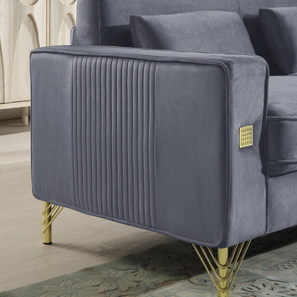 Canapé 3 places en velours gris 86,61 avec coussins et pieds en métal finition dorée pour le salon