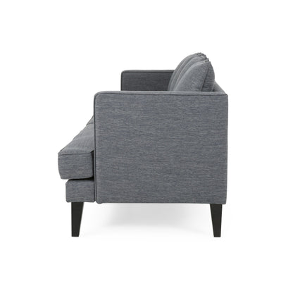 Canapé 3 places gris en polyester de 86 pouces avec dossier capitonné, pieds en bois massif et support à ressorts ensachés. Canapé moderne
