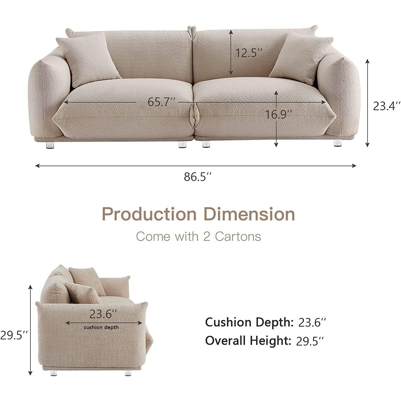 Canapé-causeuse surdimensionné gris 87 avec structure en métal, 2 coussins et revêtement durable