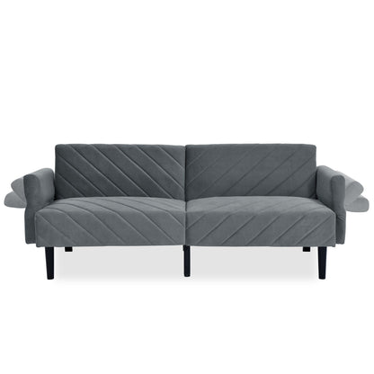 Canapé-lit futon convertible capitonné en velours gris 87 avec accoudoirs réglables pour salon