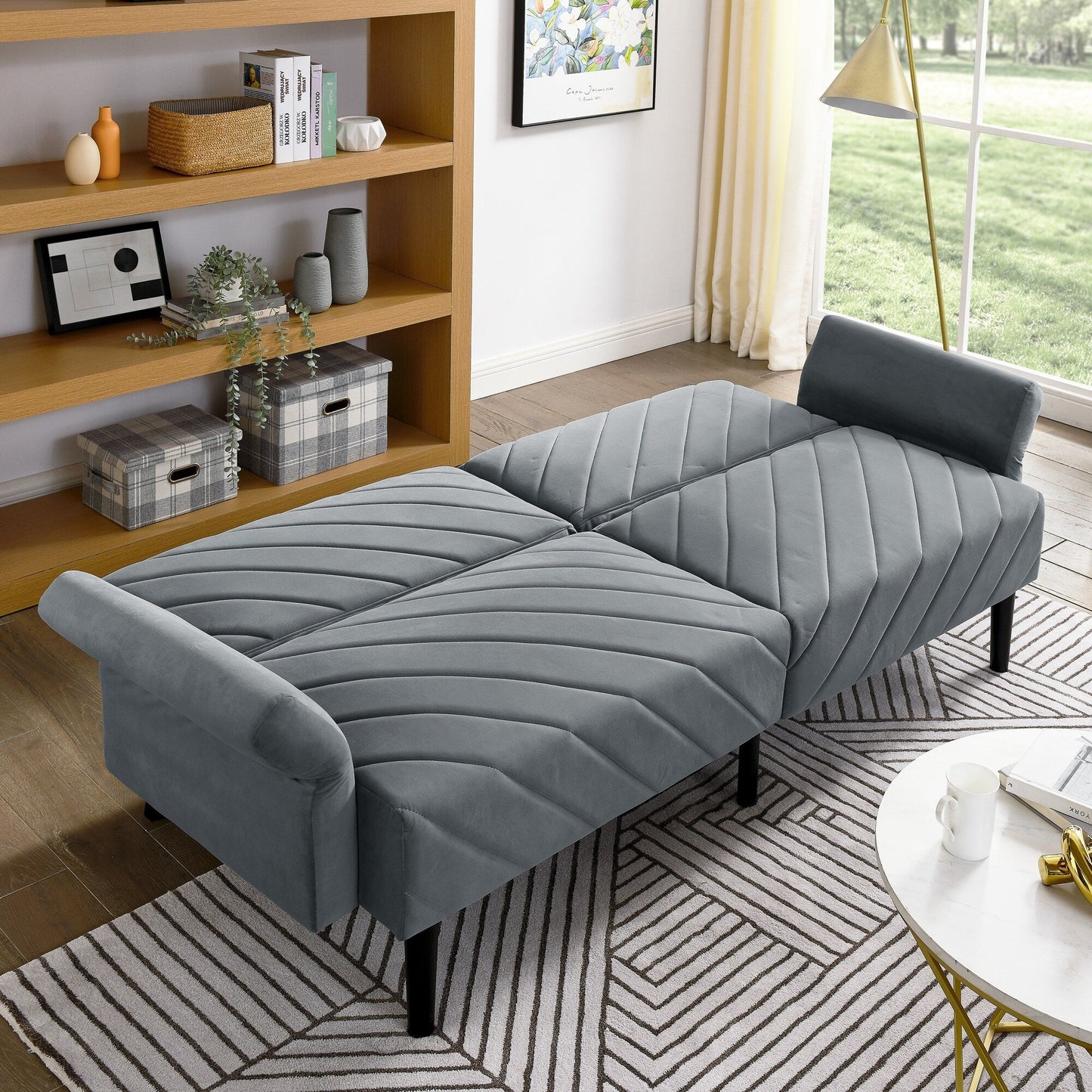 Canapé-lit futon convertible capitonné en velours gris 87 avec accoudoirs réglables pour salon