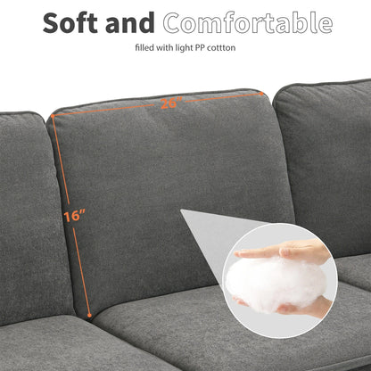 Canapé sectionnel 5 places en velours gris 89'' en forme de L avec coussins doubles, cadre robuste en bois et fer