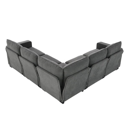 Canapé sectionnel 5 places en velours gris 89'' en forme de L avec coussins doubles, cadre robuste en bois et fer