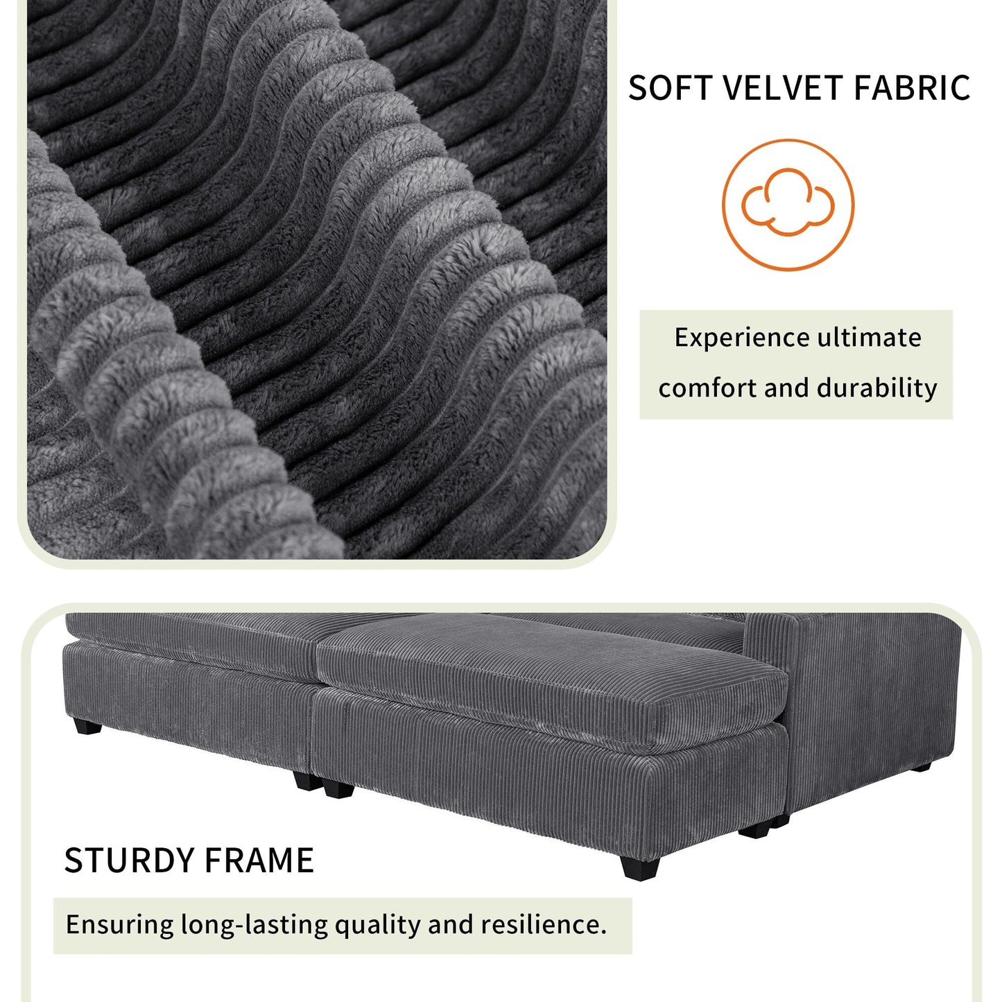 Canapé 2 places gris 90 en polyester avec coussins amovibles, 2 oreillers et poufs amovibles