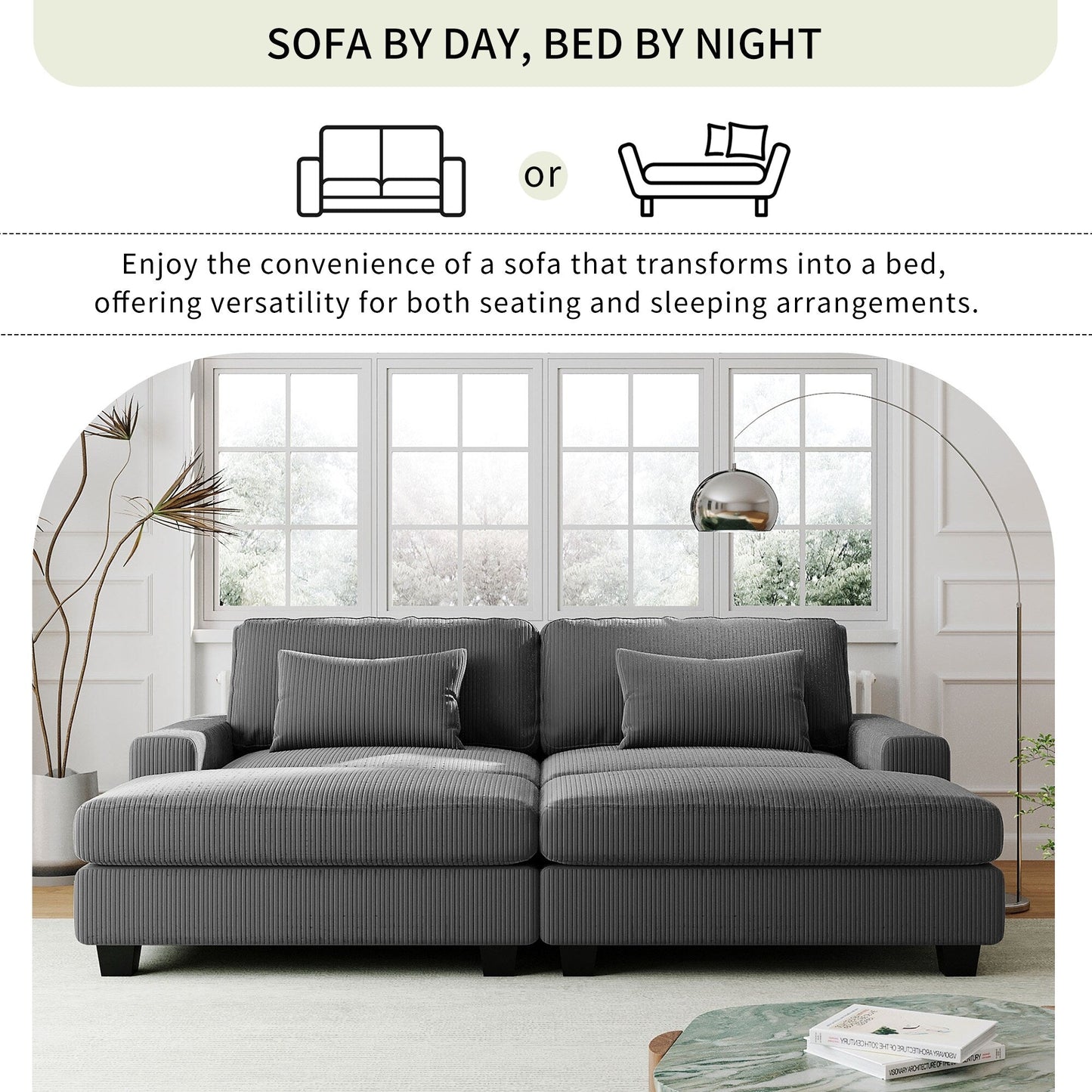 Canapé 2 places gris 90 en polyester avec coussins amovibles, 2 oreillers et poufs amovibles