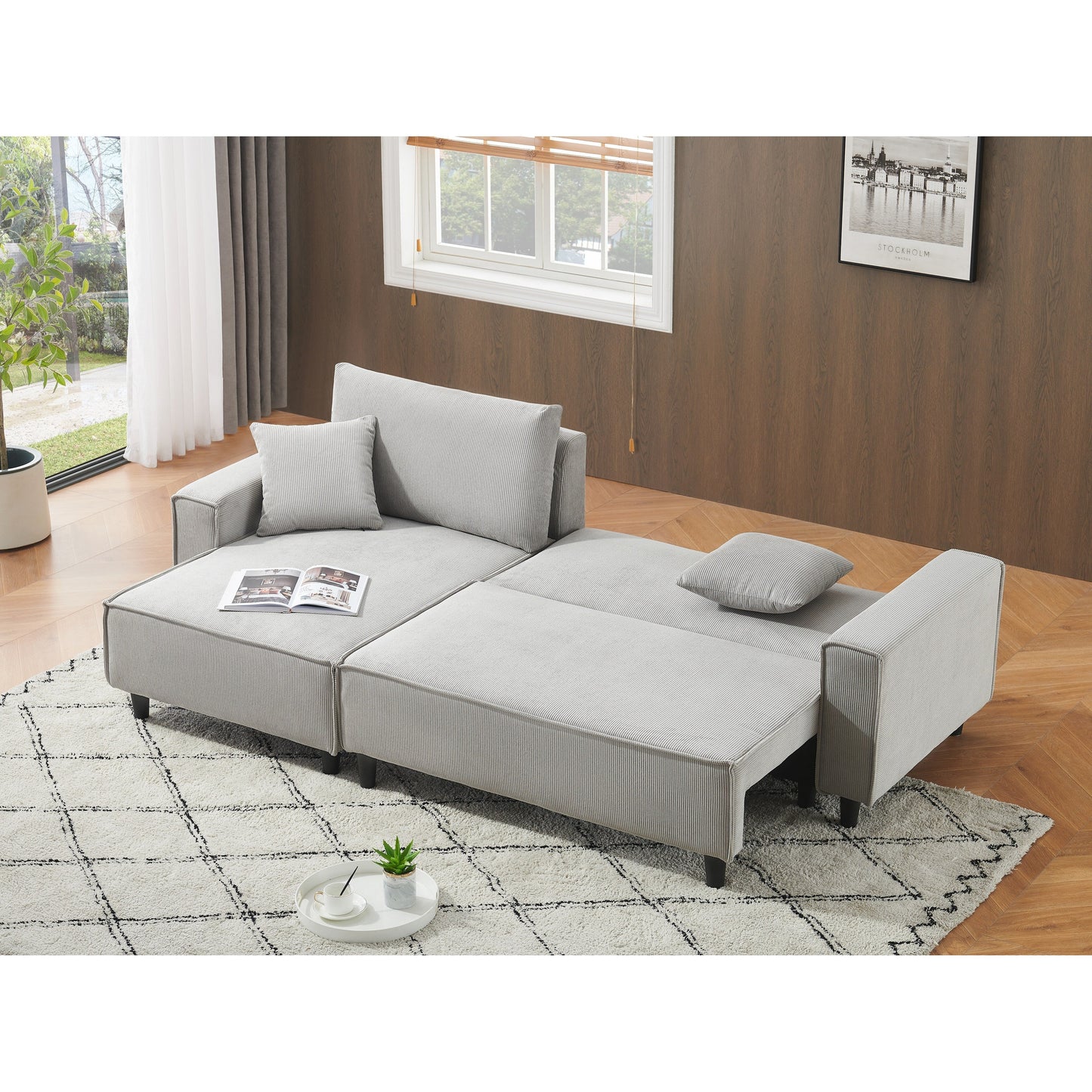 Canapé-lit 3 places en velours côtelé gris de 93 pouces avec 2 coussins décoratifs, méridienne convertible, rangement et configuration réglable