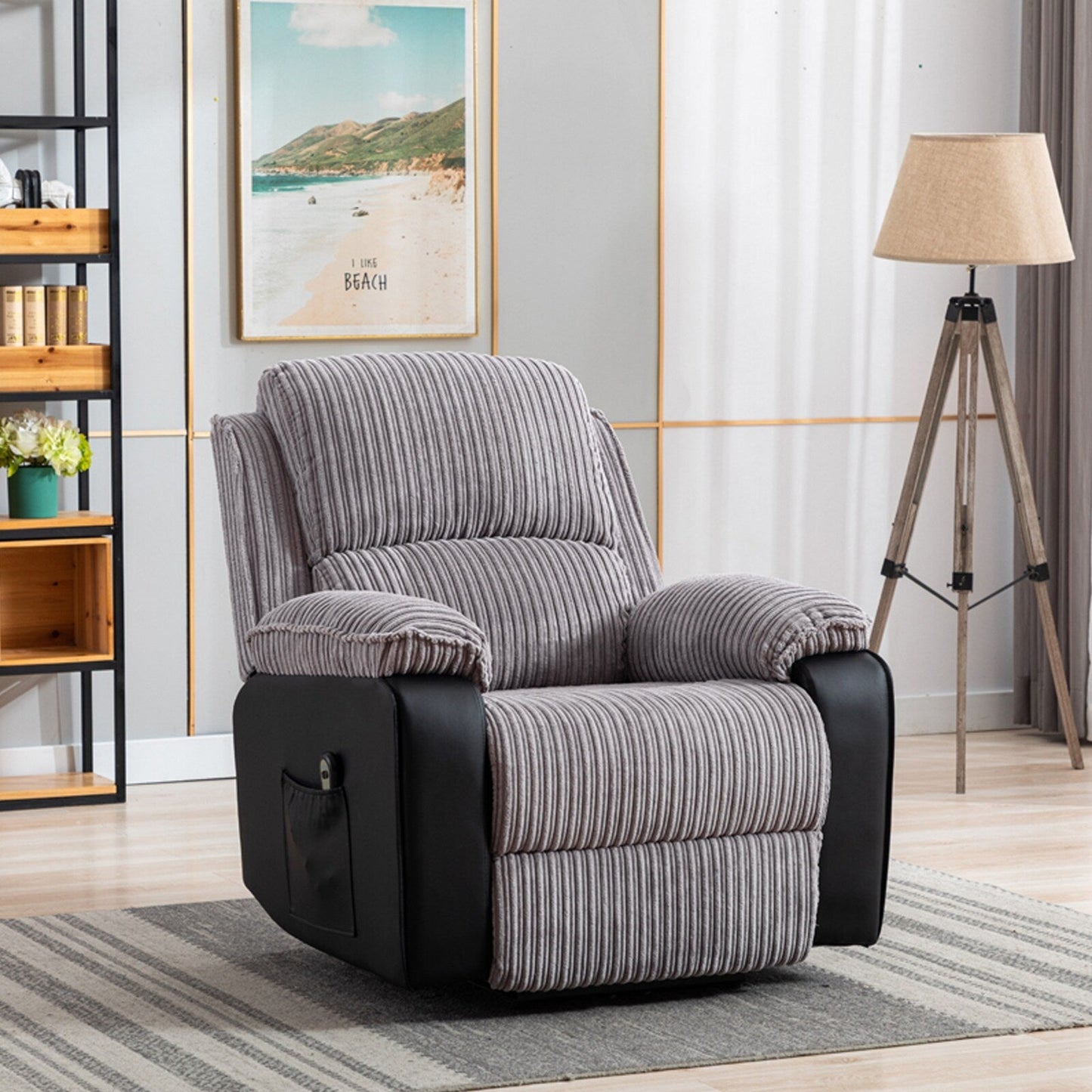 Fauteuil inclinable réglable en tissu gris avec télécommande électrique et coussins épais pour un confort optimal
