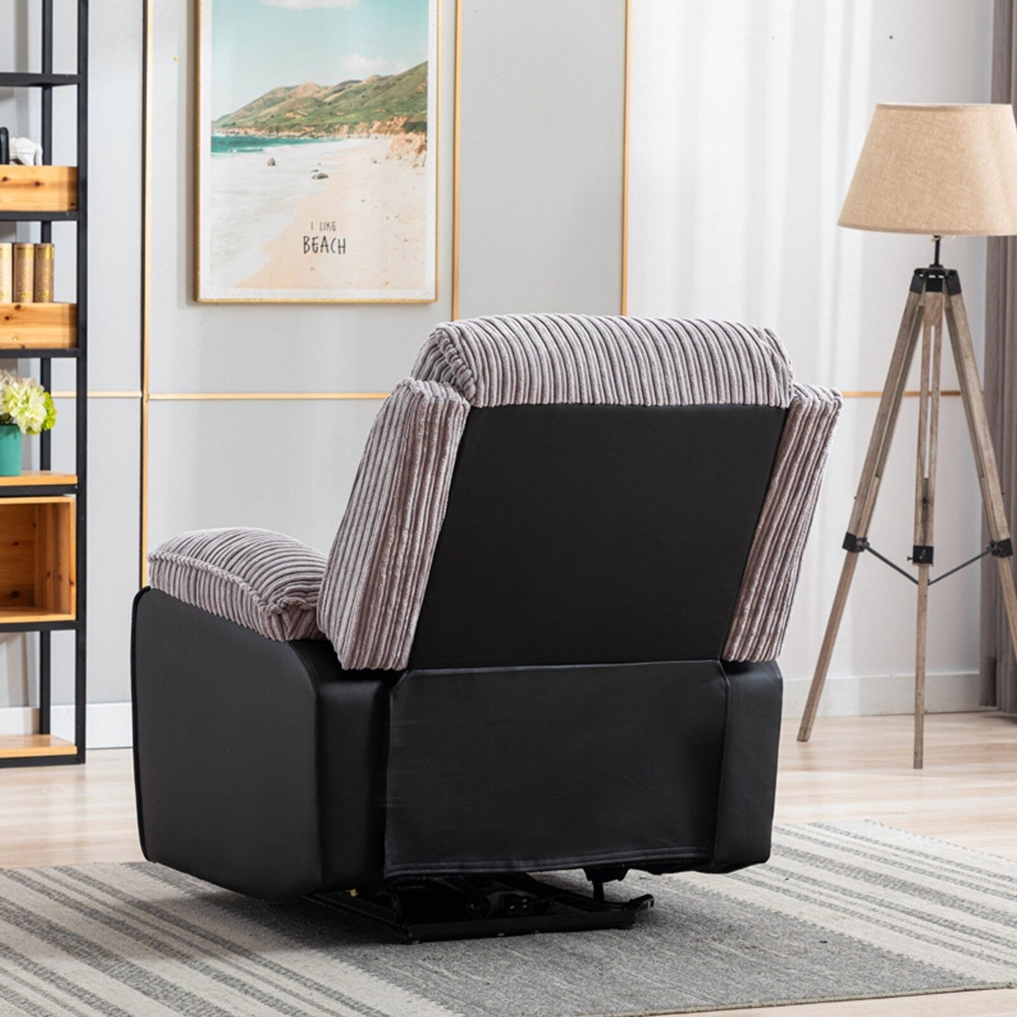 Fauteuil inclinable réglable en tissu gris avec télécommande électrique et coussins épais pour un confort optimal