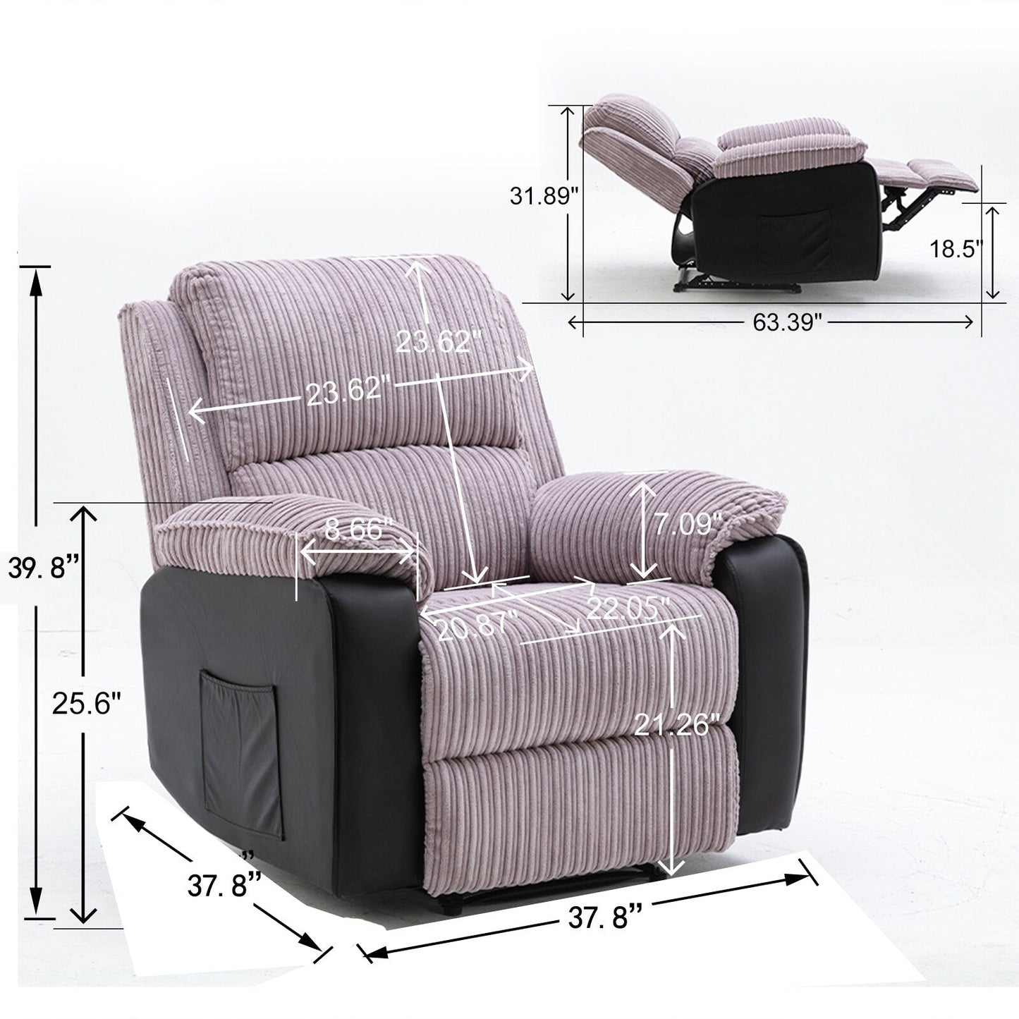 Fauteuil inclinable réglable en tissu gris avec télécommande électrique et coussins épais pour un confort optimal