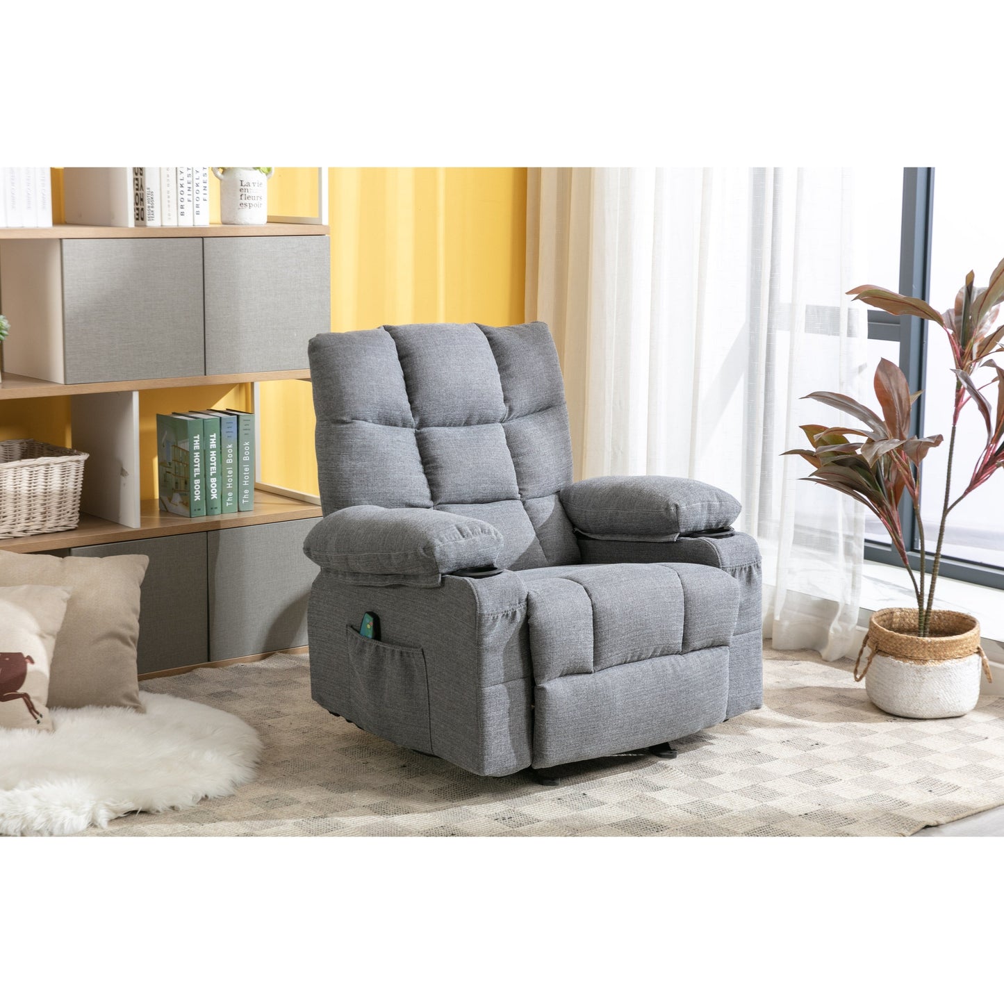 Fauteuil inclinable réglable gris avec massage, chauffage, ports USB, 2 porte-gobelets et poches latérales