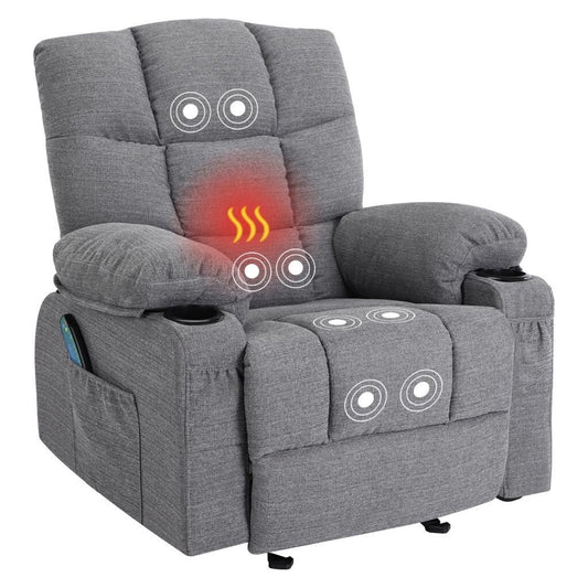 Fauteuil inclinable réglable gris avec massage, chauffage, ports USB, deux porte-gobelets et rangement latéral pratique