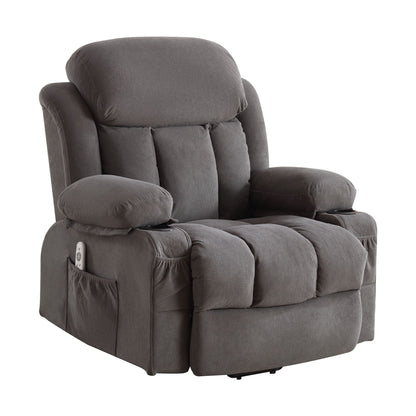 Fauteuil inclinable massant électrique surdimensionné en tissu respirant gris avec massage, chauffage lombaire, 2 porte-gobelets et port USB