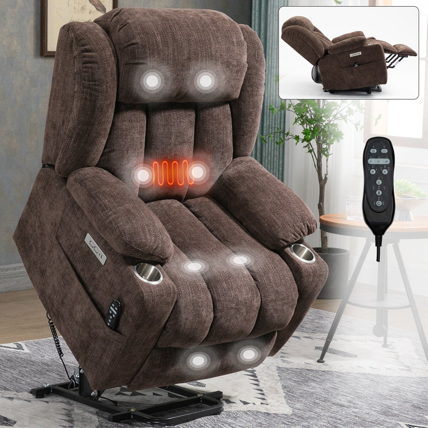 Fauteuil inclinable électrique en chenille grise avec massage, chauffage lombaire, ports USB et Type-C et porte-gobelets en acier inoxydable