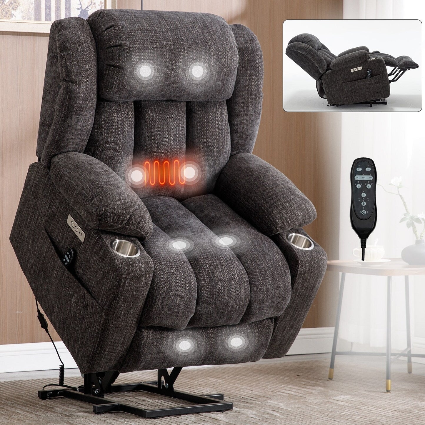 Fauteuil inclinable électrique en chenille grise avec massage, chauffage lombaire, ports USB et Type-C et porte-gobelets en acier inoxydable