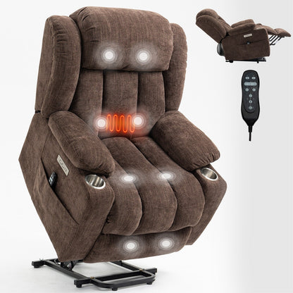Fauteuil inclinable électrique en chenille grise avec massage, chauffage lombaire, ports USB et Type-C et porte-gobelets robustes en acier