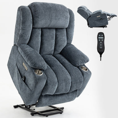 Fauteuil inclinable électrique en chenille grise avec massage, chauffage lombaire, ports USB et Type-C et porte-gobelets robustes en acier