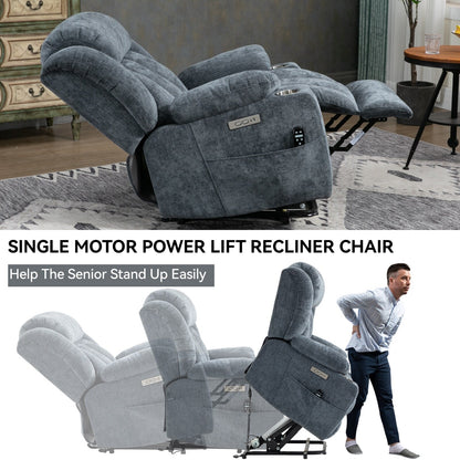 Fauteuil inclinable électrique en chenille grise avec massage, chauffage lombaire, ports USB et Type-C et porte-gobelets robustes en acier